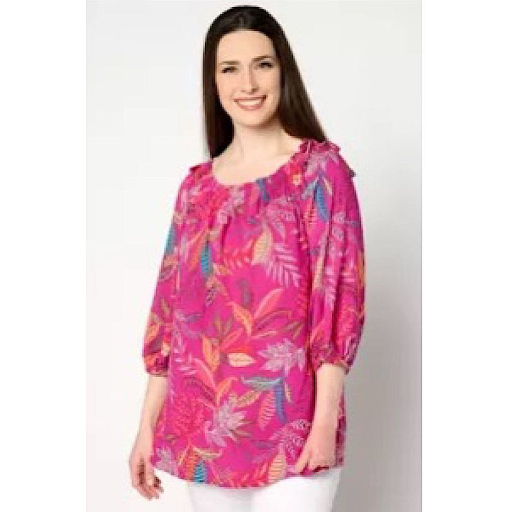 Susan Graver Womens Woven Peasant‎ Tunic Blouse 4X Fuschia 3/4 Sleeve Tropical